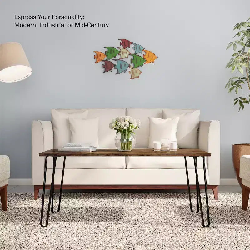 Lavish Home Tavolino da Caffè Moderno con Gambe a Forcina, Stile Industriale Moderno Effetto Venatura del Legno e Accenti in Acciaio, Mobili per Soggiorno