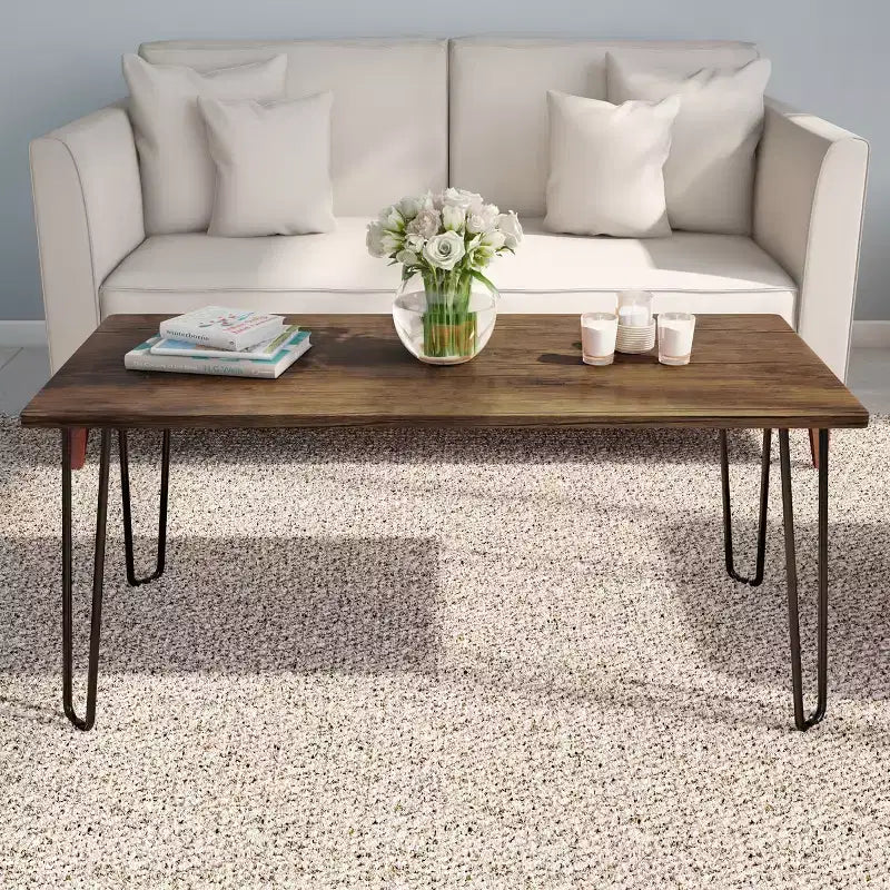 Lavish Home Tavolino da Caffè Moderno con Gambe a Forcina, Stile Industriale Moderno Effetto Venatura del Legno e Accenti in Acciaio, Mobili per Soggiorno