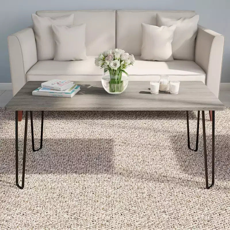 Lavish Home Tavolino da Caffè Moderno con Gambe a Forcina, Stile Industriale Moderno Effetto Venatura del Legno e Accenti in Acciaio, Mobili per Soggiorno