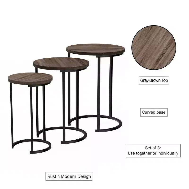 Hasting Home Set di 3 tavolini rotondi da salotto – Tavolini a incastro o comodini moderni con piano in finto marmo e base in metallo nero