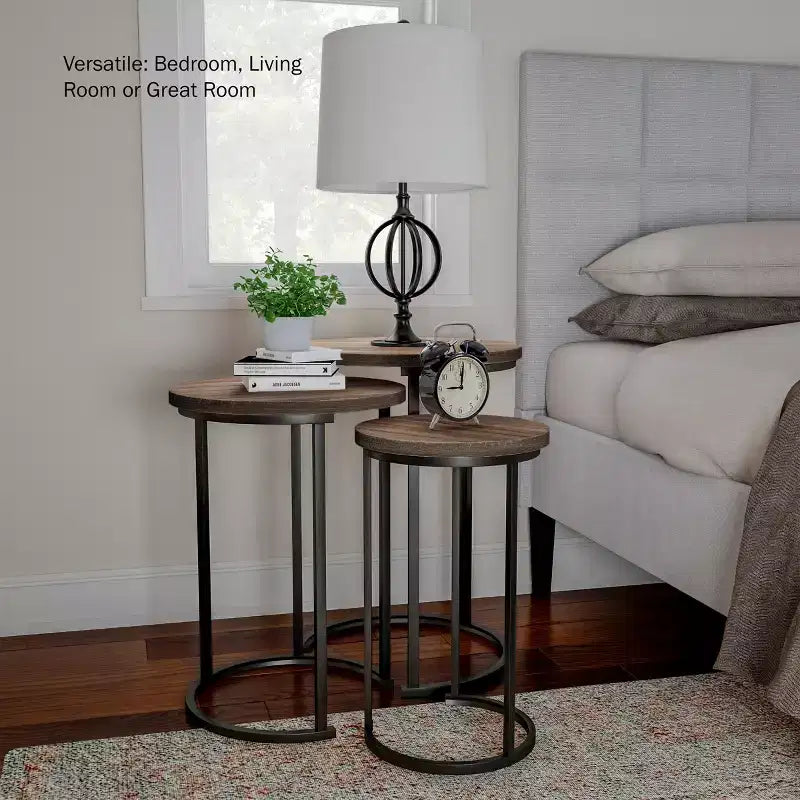 Hasting Home Set di 3 tavolini rotondi da salotto – Tavolini a incastro o comodini moderni con piano in finto marmo e base in metallo nero