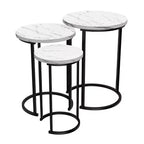 Hasting Home Set di 3 tavolini rotondi da salotto – Tavolini a incastro o comodini moderni con piano in finto marmo e base in metallo nero
