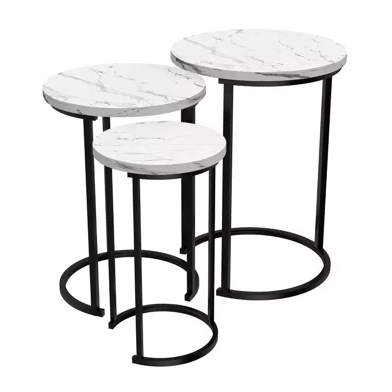 Hasting Home Set di 3 tavolini rotondi da salotto – Tavolini a incastro o comodini moderni con piano in finto marmo e base in metallo nero