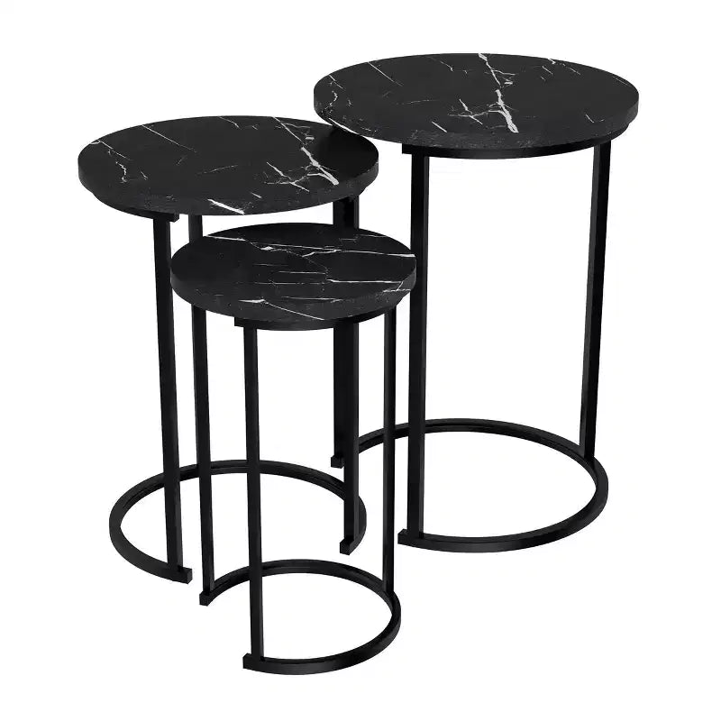 Hasting Home Set di 3 tavolini rotondi da salotto – Tavolini a incastro o comodini moderni con piano in finto marmo e base in metallo nero