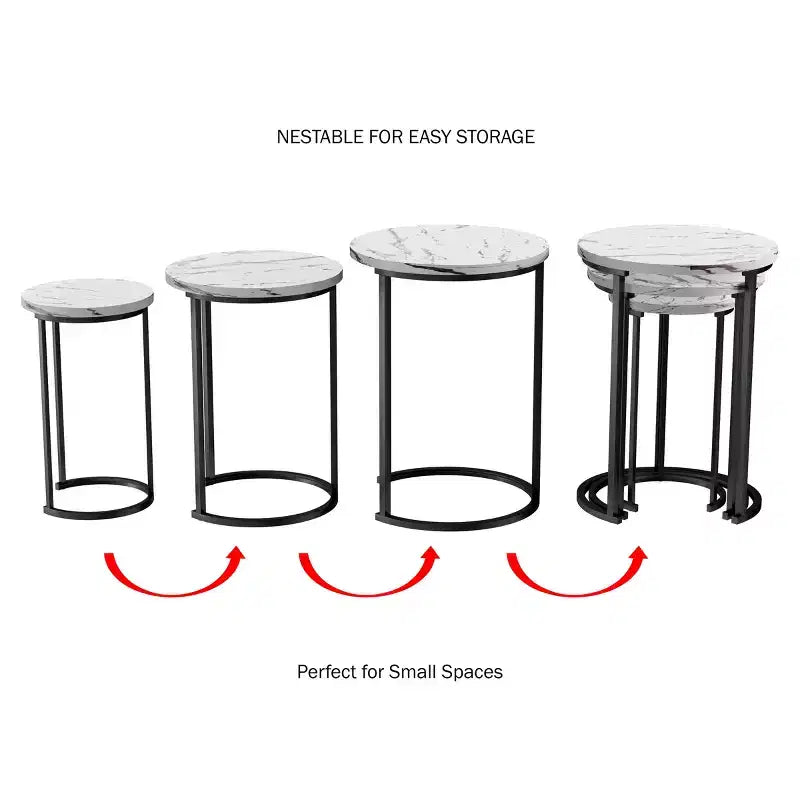 Hasting Home Set di 3 tavolini rotondi da salotto – Tavolini a incastro o comodini moderni con piano in finto marmo e base in metallo nero