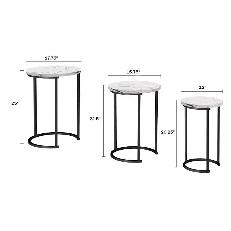 Hasting Home Set di 3 tavolini rotondi da salotto – Tavolini a incastro o comodini moderni con piano in finto marmo e base in metallo nero