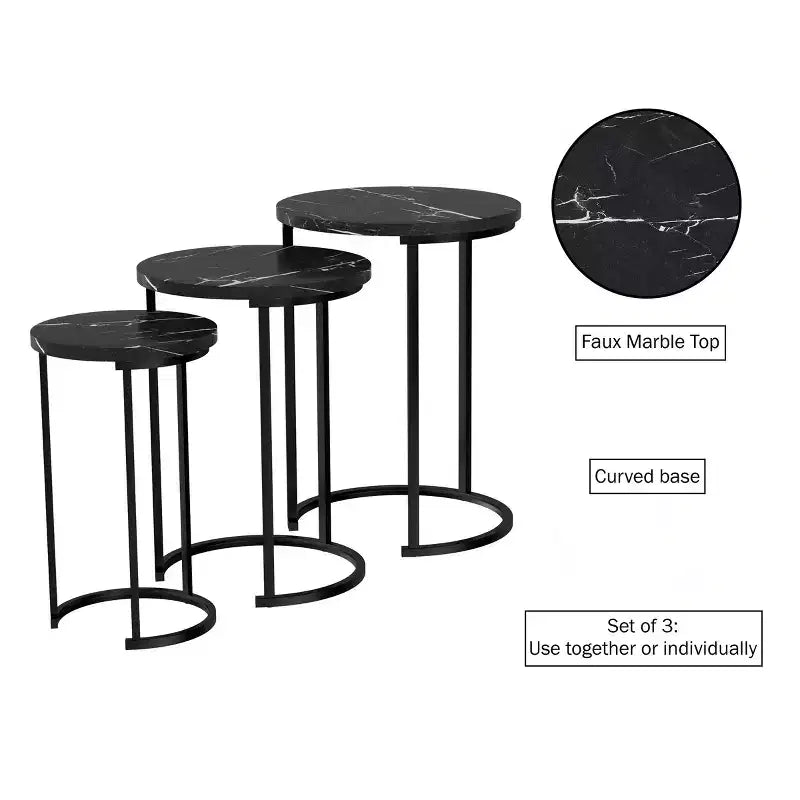 Hasting Home Set di 3 tavolini rotondi da salotto – Tavolini a incastro o comodini moderni con piano in finto marmo e base in metallo nero