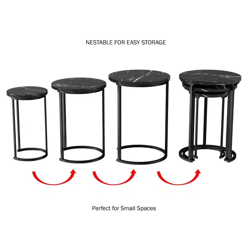 Hasting Home Set di 3 tavolini rotondi da salotto – Tavolini a incastro o comodini moderni con piano in finto marmo e base in metallo nero