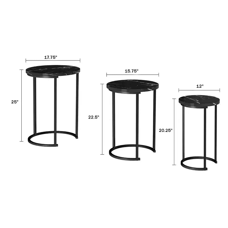 Hasting Home Set di 3 tavolini rotondi da salotto – Tavolini a incastro o comodini moderni con piano in finto marmo e base in metallo nero