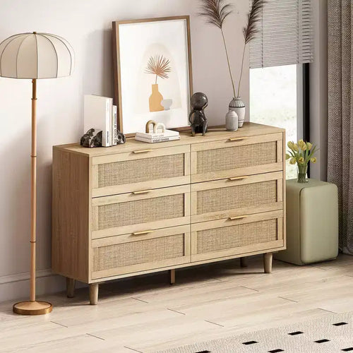 6-Drawer Rattan Dresser for Living Room and Bedroom, Natural - ModernLuxe