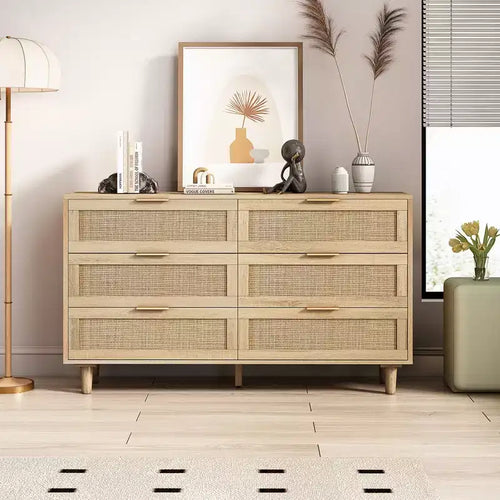 Commode en rotin à 6 tiroirs pour salon et chambre, naturelle - ModernLuxe