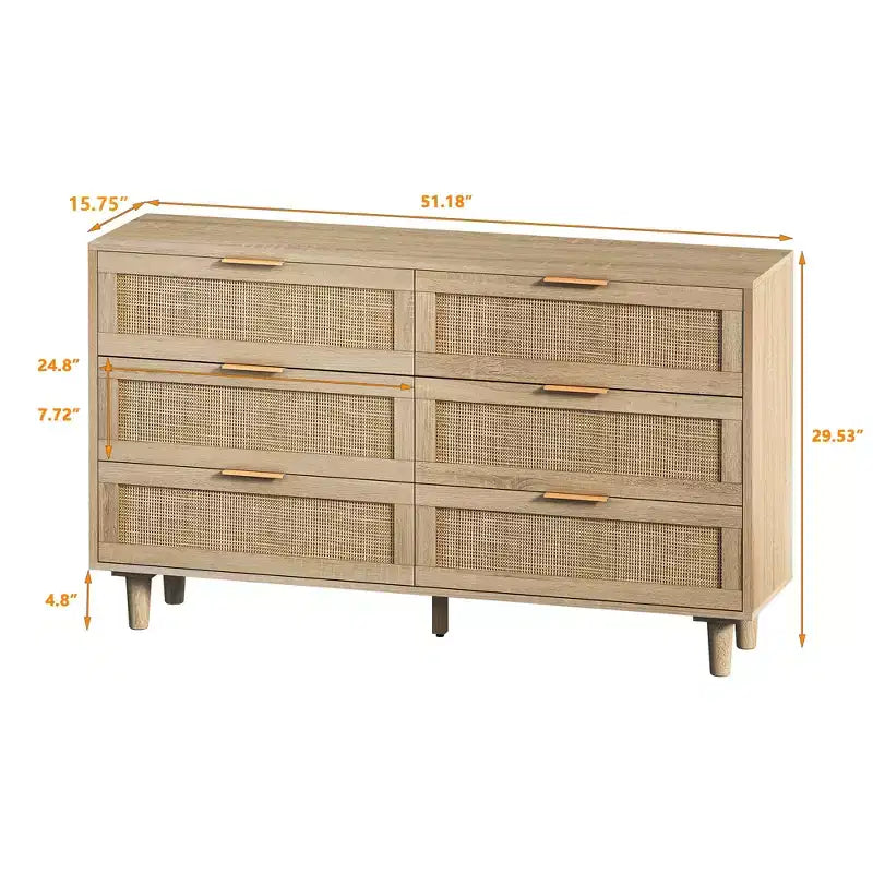 Cassettiera a 6 cassetti in rattan per soggiorno e camera da letto, naturale - ModernLuxe