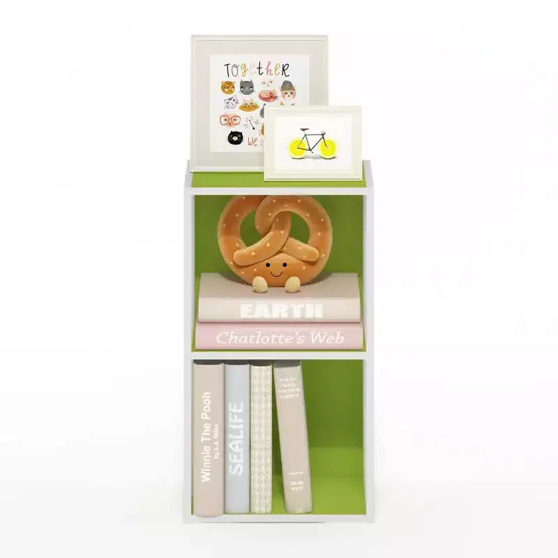 Furinno Scaffale Decorativo Aperto a 2 Ripiani, Comodino Tavolino Laterale Divano, Libreria Portaoggetti, Verde/Bianco