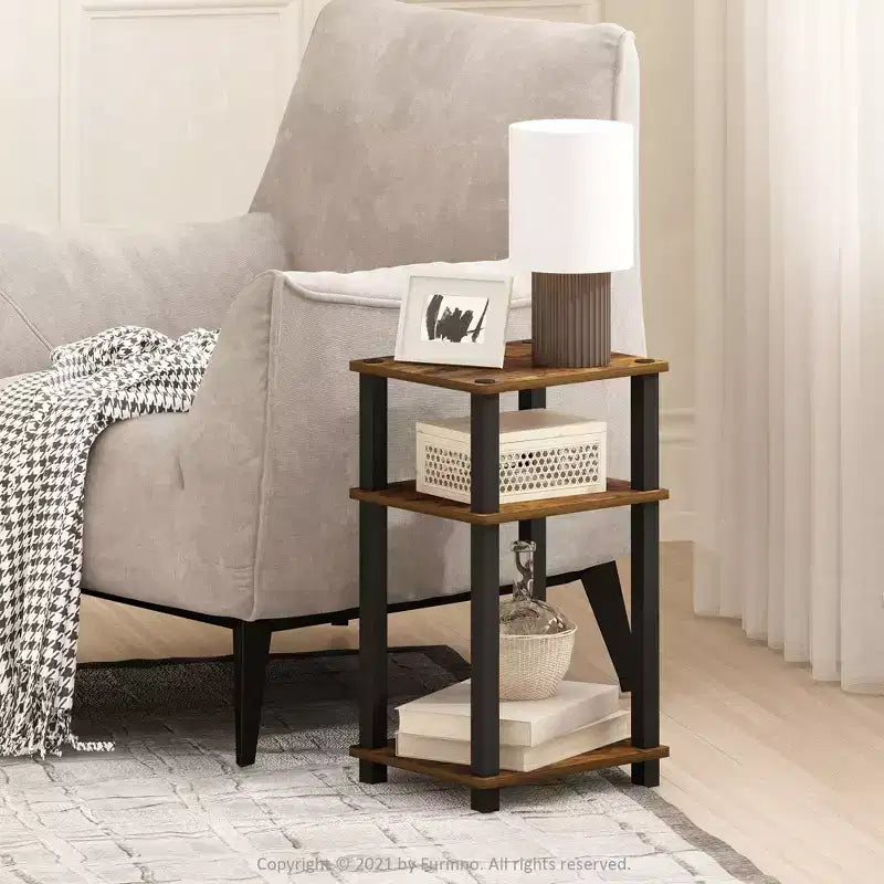 Furinno 1PCS 3-Tier Industrial Accent End Table Sofa Side Table Nightstand W/Open Bookshelf for Living Room&Home Office&Study&Bedroom,Amber Pine/Black