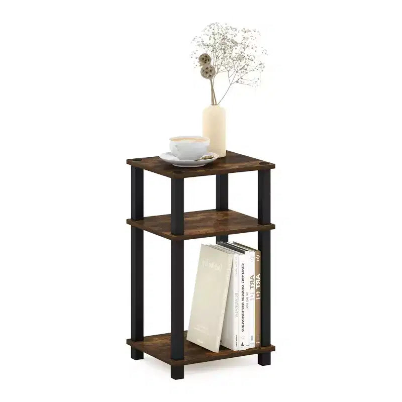 Furinno 1PZ Tavolino a 3 Livelli Stile Industriale, Comodino/Tavolino Laterale per Divano con Scaffale Aperto per Soggiorno, Ufficio, Studio e Camera da Letto, Pino Ambra/Nero