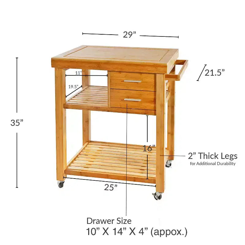 Home Aesthetics carrello da cucina in bambù con isola e ruote, carrello di servizio per preparazione cibi, con portasciugamani e cassetti