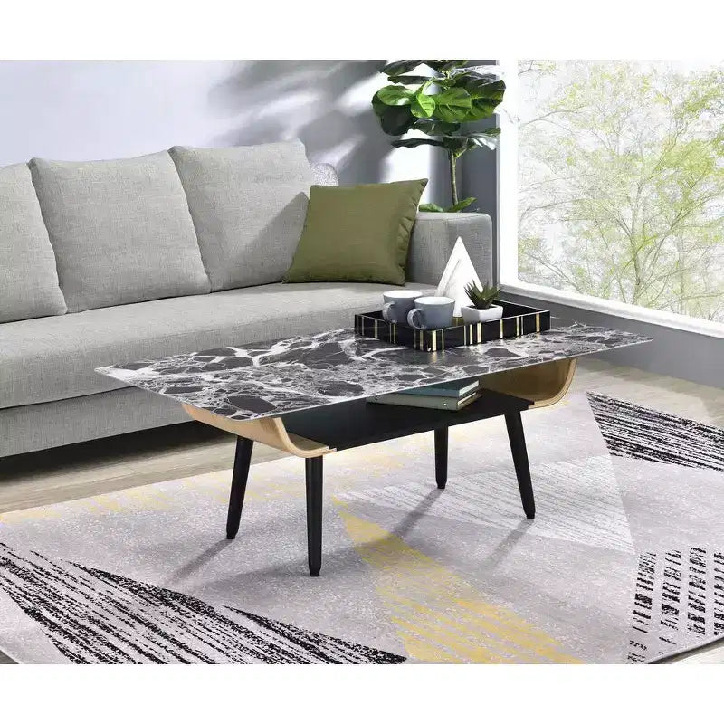 HOMLUX Modern Rectangular Sofa Coffee Table Faux Marble Top Accent Cocktail Table W/Open Storage Compartment