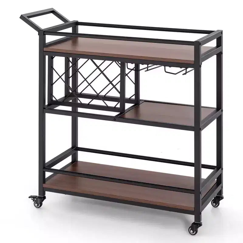 Carrello da bar a 3 ripiani Costway su ruote, carrello da portata per cucina domestica con portabottiglie e portabicchieri marrone rustico/marrone