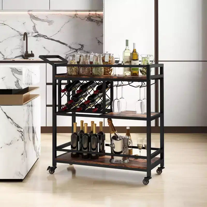 Carrello da bar a 3 ripiani Costway su ruote, carrello da portata per cucina domestica con portabottiglie e portabicchieri marrone rustico/marrone