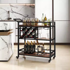 Carrello da bar a 3 ripiani Costway su ruote, carrello da portata per cucina domestica con portabottiglie e portabicchieri marrone rustico/marrone