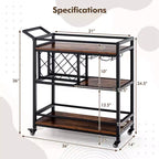 Carrello da bar a 3 ripiani Costway su ruote, carrello da portata per cucina domestica con portabottiglie e portabicchieri marrone rustico/marrone