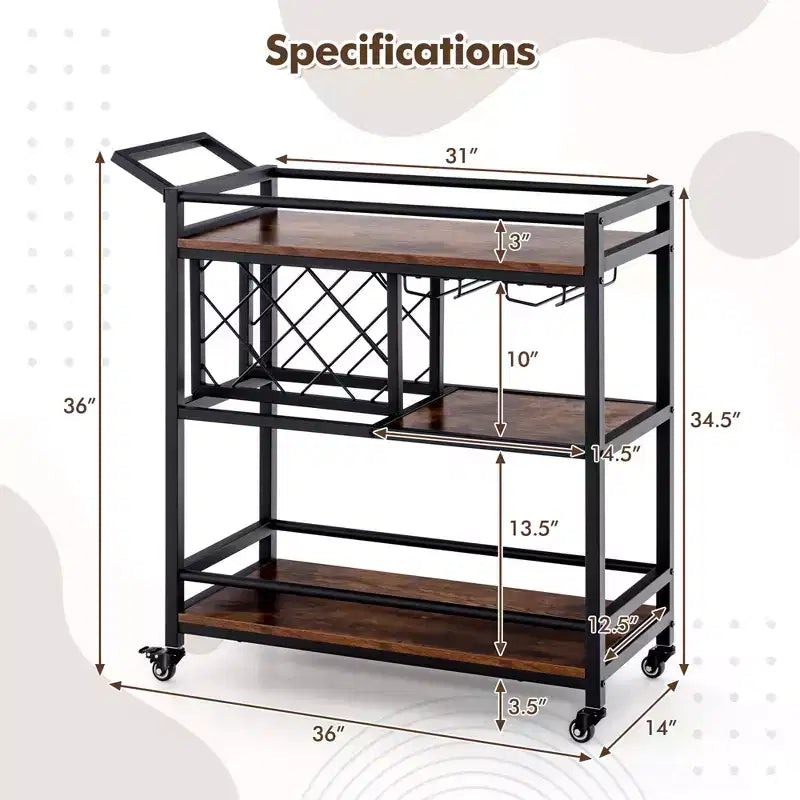 Carrello da bar a 3 ripiani Costway su ruote, carrello da portata per cucina domestica con portabottiglie e portabicchieri marrone rustico/marrone