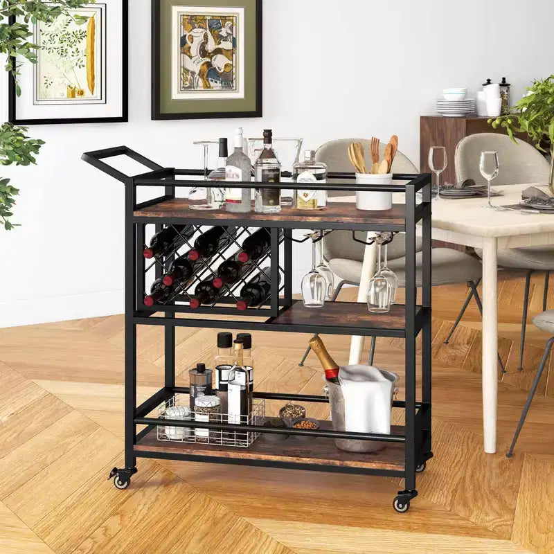 Carrello da bar a 3 ripiani Costway su ruote, carrello da portata per cucina domestica con portabottiglie e portabicchieri marrone rustico/marrone