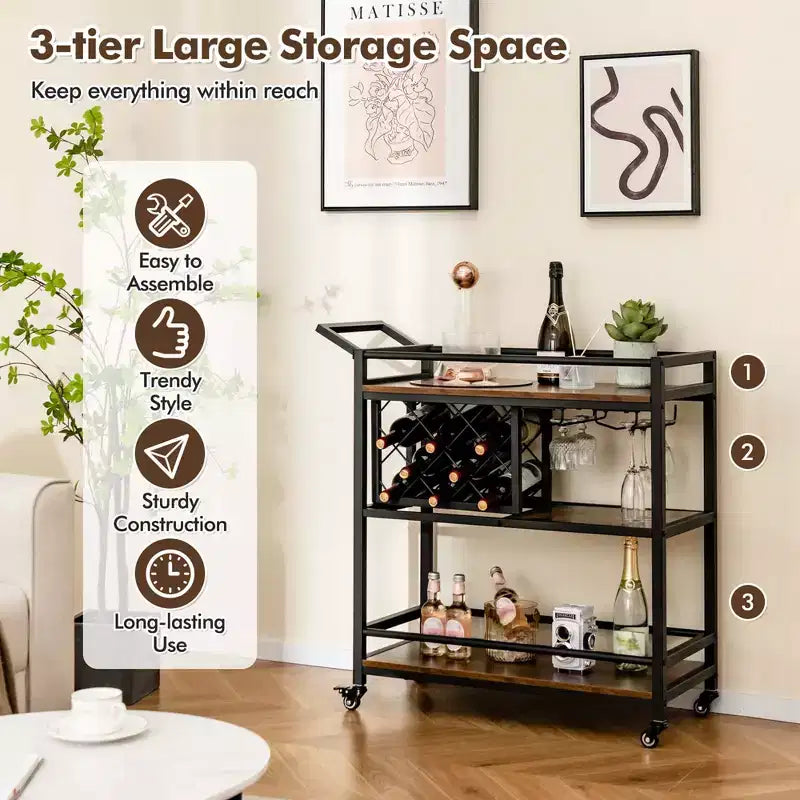 Carrello da bar a 3 ripiani Costway su ruote, carrello da portata per cucina domestica con portabottiglie e portabicchieri marrone rustico/marrone