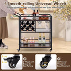 Carrello da bar a 3 ripiani Costway su ruote, carrello da portata per cucina domestica con portabottiglie e portabicchieri marrone rustico/marrone