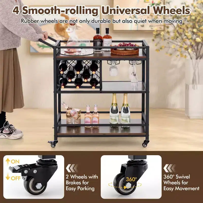 Carrello da bar a 3 ripiani Costway su ruote, carrello da portata per cucina domestica con portabottiglie e portabicchieri marrone rustico/marrone