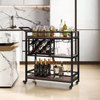 Carrello da bar a 3 ripiani Costway su ruote, carrello da portata per cucina domestica con portabottiglie e portabicchieri marrone rustico/marrone