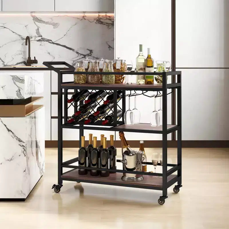 Carrello da bar a 3 ripiani Costway su ruote, carrello da portata per cucina domestica con portabottiglie e portabicchieri marrone rustico/marrone