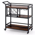Carrello da bar a 3 ripiani Costway su ruote, carrello da portata per cucina domestica con portabottiglie e portabicchieri marrone rustico/marrone