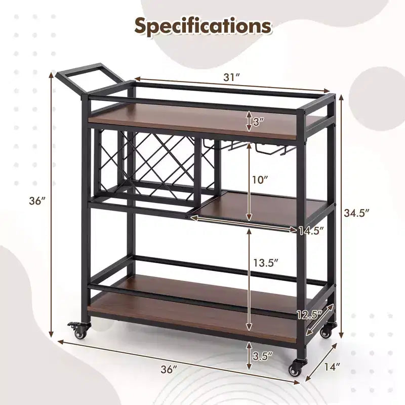 Carrello da bar a 3 ripiani Costway su ruote, carrello da portata per cucina domestica con portabottiglie e portabicchieri marrone rustico/marrone