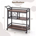 Carrello da bar a 3 ripiani Costway su ruote, carrello da portata per cucina domestica con portabottiglie e portabicchieri marrone rustico/marrone