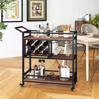 Carrello da bar a 3 ripiani Costway su ruote, carrello da portata per cucina domestica con portabottiglie e portabicchieri marrone rustico/marrone