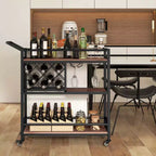 Carrello da bar a 3 ripiani Costway su ruote, carrello da portata per cucina domestica con portabottiglie e portabicchieri marrone rustico/marrone