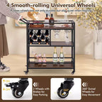 Carrello da bar a 3 ripiani Costway su ruote, carrello da portata per cucina domestica con portabottiglie e portabicchieri marrone rustico/marrone