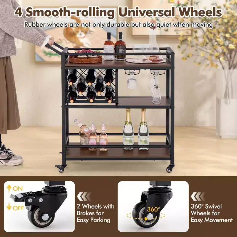 Carrello da bar a 3 ripiani Costway su ruote, carrello da portata per cucina domestica con portabottiglie e portabicchieri marrone rustico/marrone