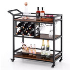 Carrello da bar a 3 ripiani Costway su ruote, carrello da portata per cucina domestica con portabottiglie e portabicchieri marrone rustico/marrone