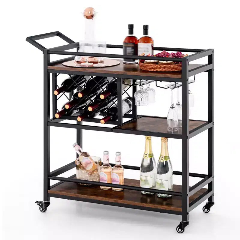 Carrello da bar a 3 ripiani Costway su ruote, carrello da portata per cucina domestica con portabottiglie e portabicchieri marrone rustico/marrone