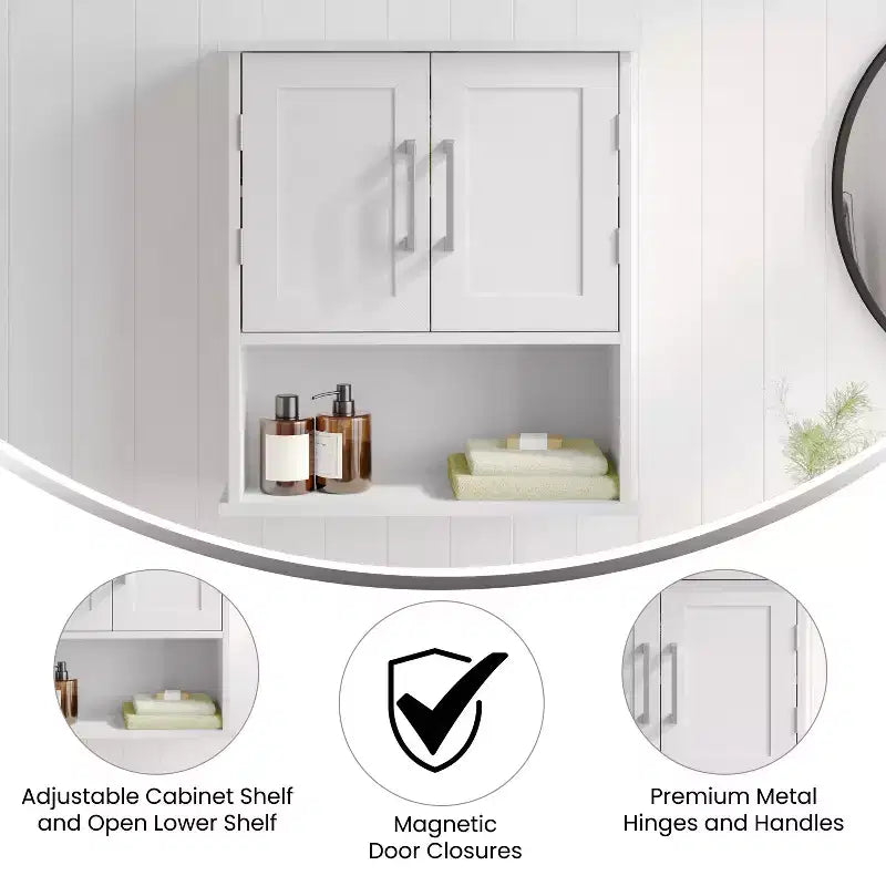 Pensile da bagno Merrick Lane con ripiano regolabile, ripiano inferiore aperto e ante con chiusura magnetica