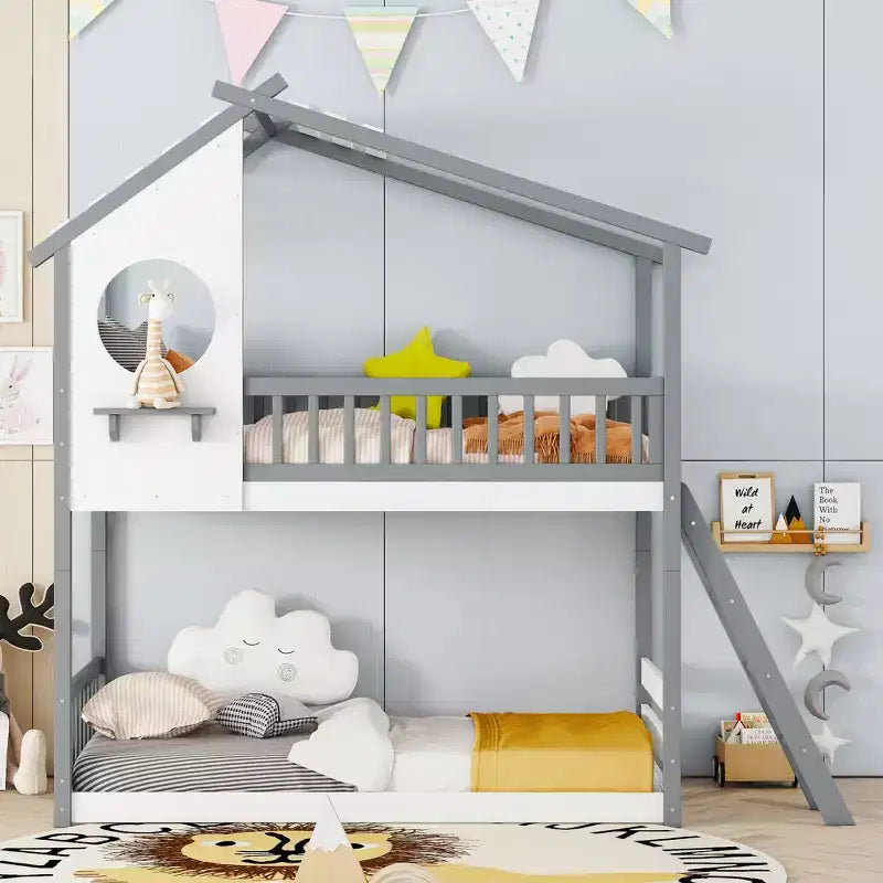 Letto a castello Twin su Twin con tetto, finestra e scaletta - ModernLuxe