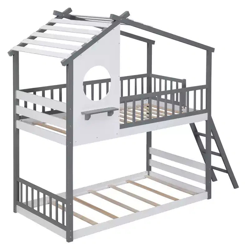 Letto a castello Twin su Twin con tetto, finestra e scaletta - ModernLuxe