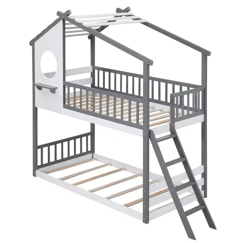 Letto a castello Twin su Twin con tetto, finestra e scaletta - ModernLuxe