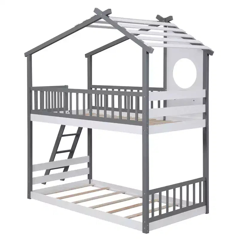 Letto a castello Twin su Twin con tetto, finestra e scaletta - ModernLuxe