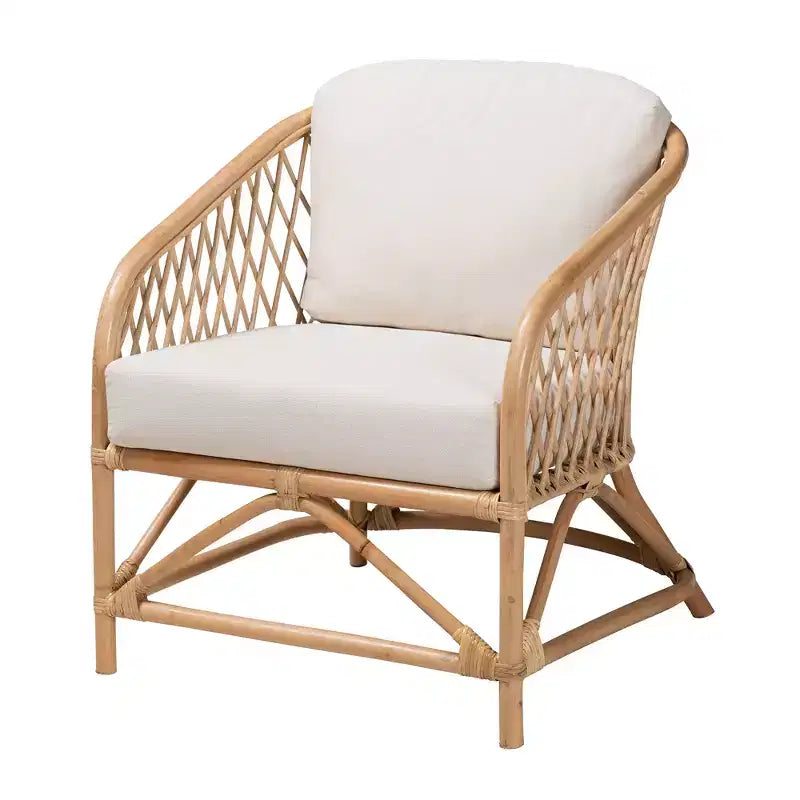 Poltrona bali & pari Patsy in tessuto bianco e rattan naturale stile bohémien moderno