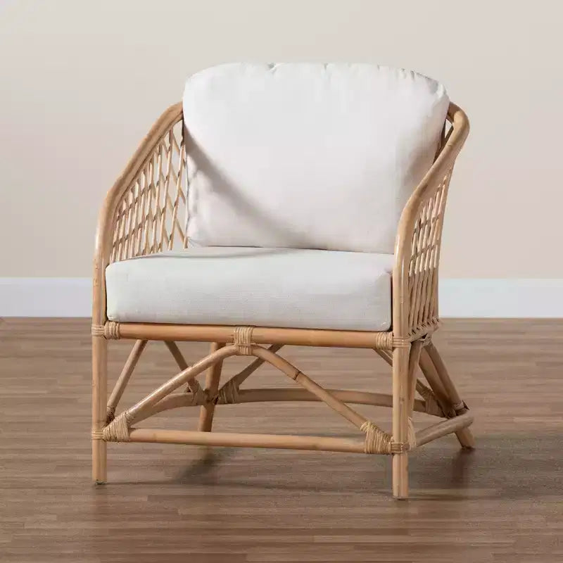 Poltrona bali & pari Patsy in tessuto bianco e rattan naturale stile bohémien moderno