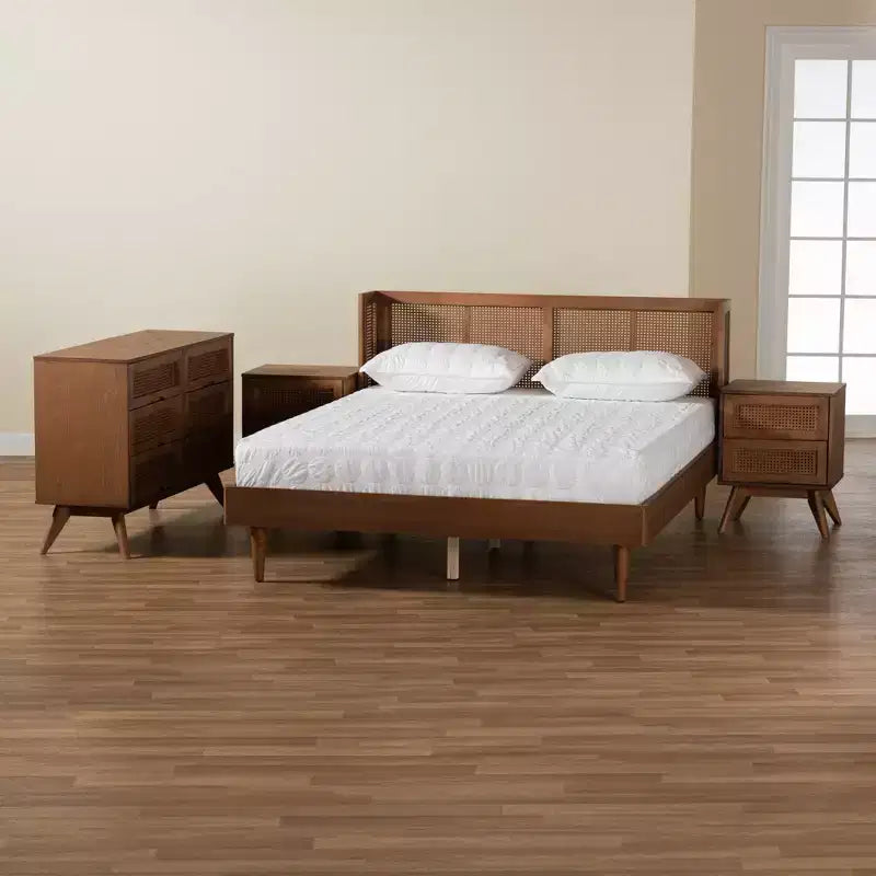 Set da camera da letto Baxton Studio Rina in legno di noce e rattan sintetico in stile Mid-Century Modern