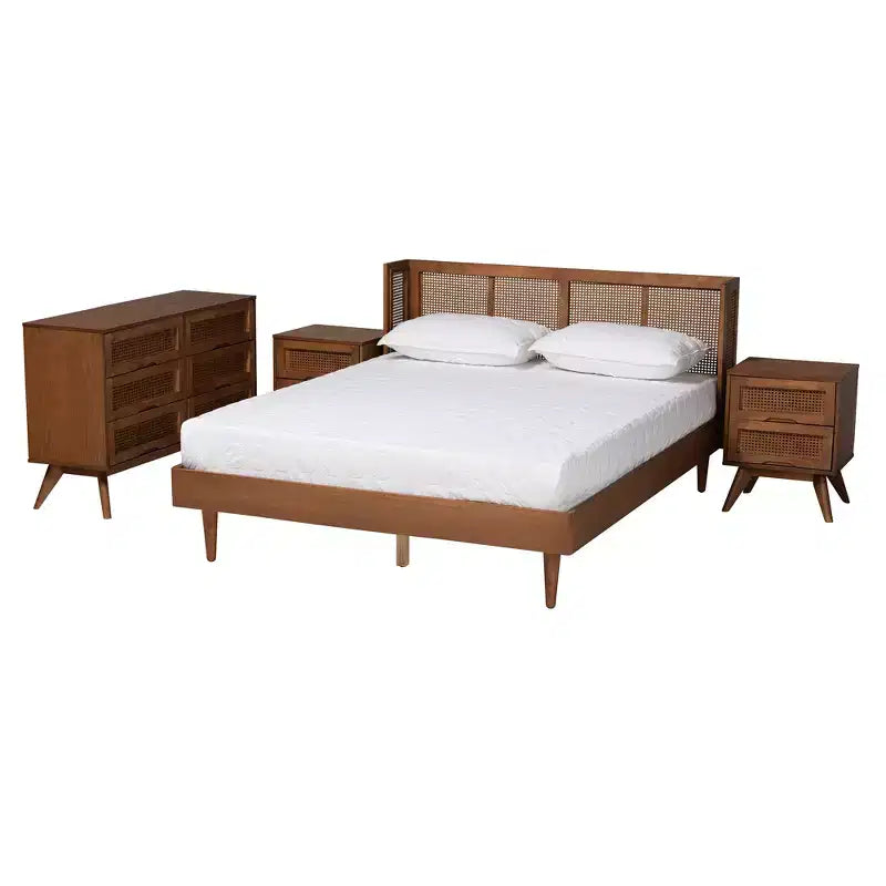 Set da camera da letto Baxton Studio Rina in legno di noce e rattan sintetico in stile Mid-Century Modern